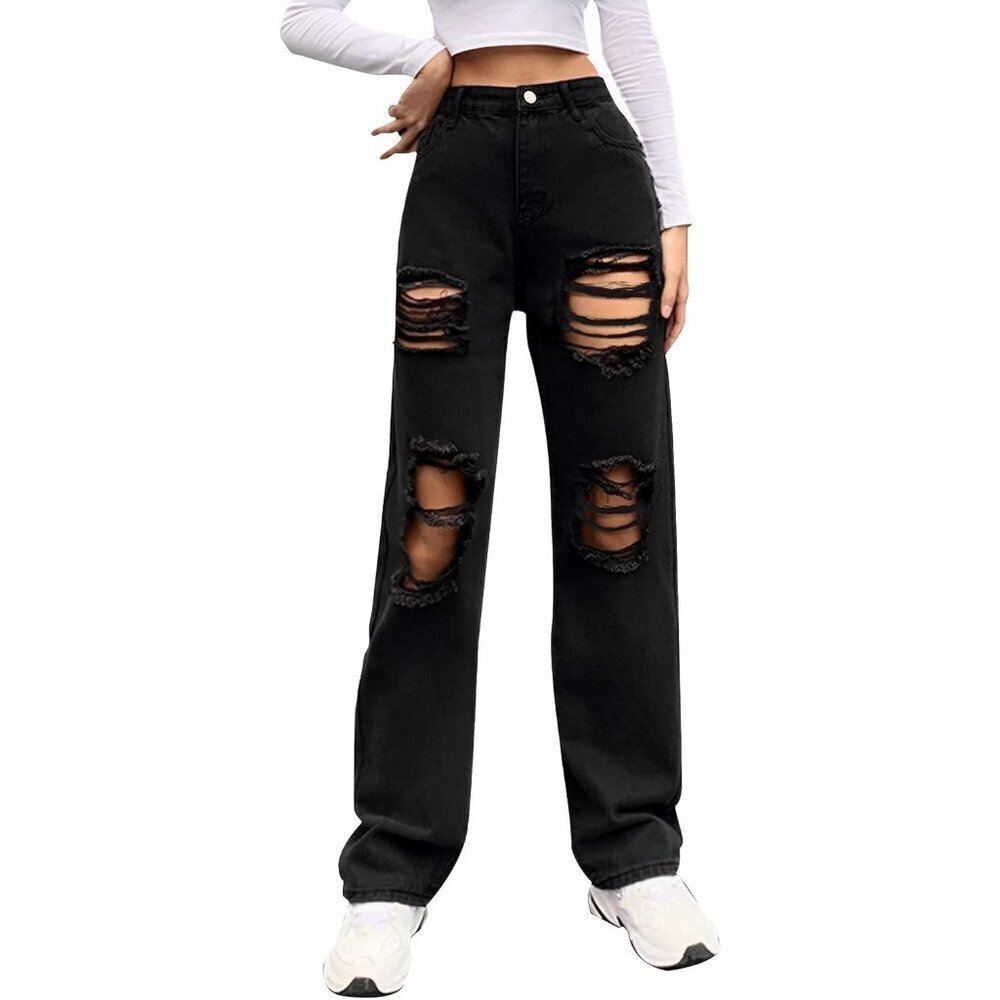 Women Loose Ripped Boyfriends Jeans High Waist Baggy Denim Wide Leg